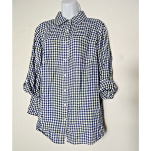 Talbots Linen 1XP Petite 1X Blouse Blue Gingham Plaid Button Up Picnic Collared